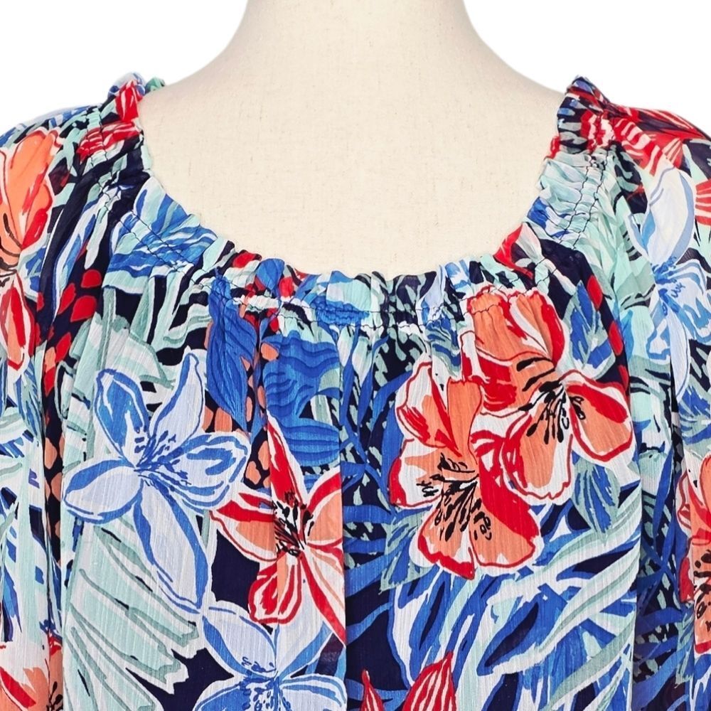 Jones New York Multi Color Floral Printed Smocked-Neck Blouse Size LP - Picture 7 of 10